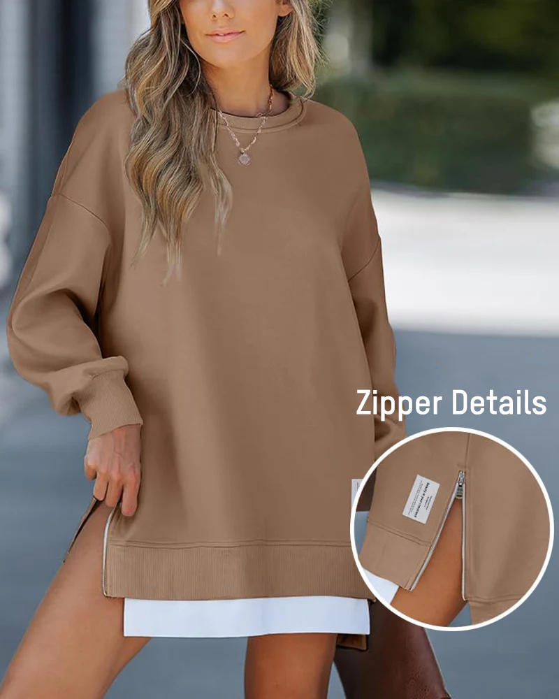Casual Long Sleeve Zipper Slit Oversized Sweatshirt - Image 2