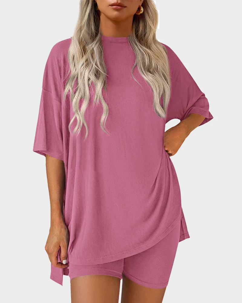 Casual Oversized 2-Piece Lounge Set with Crewneck & Split Hem - Image 7