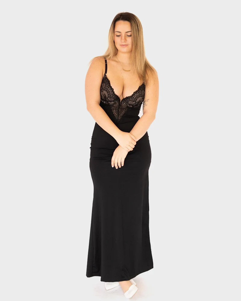 Deep-V Lace High-Slit Maxi Dress with Built-In Shapewear - Image 3