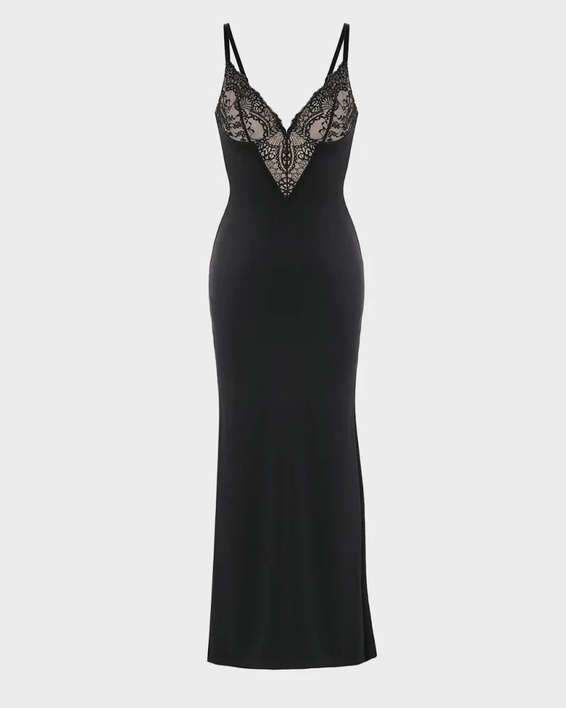 Deep-V Lace High-Slit Maxi Dress with Built-In Shapewear - Image 5