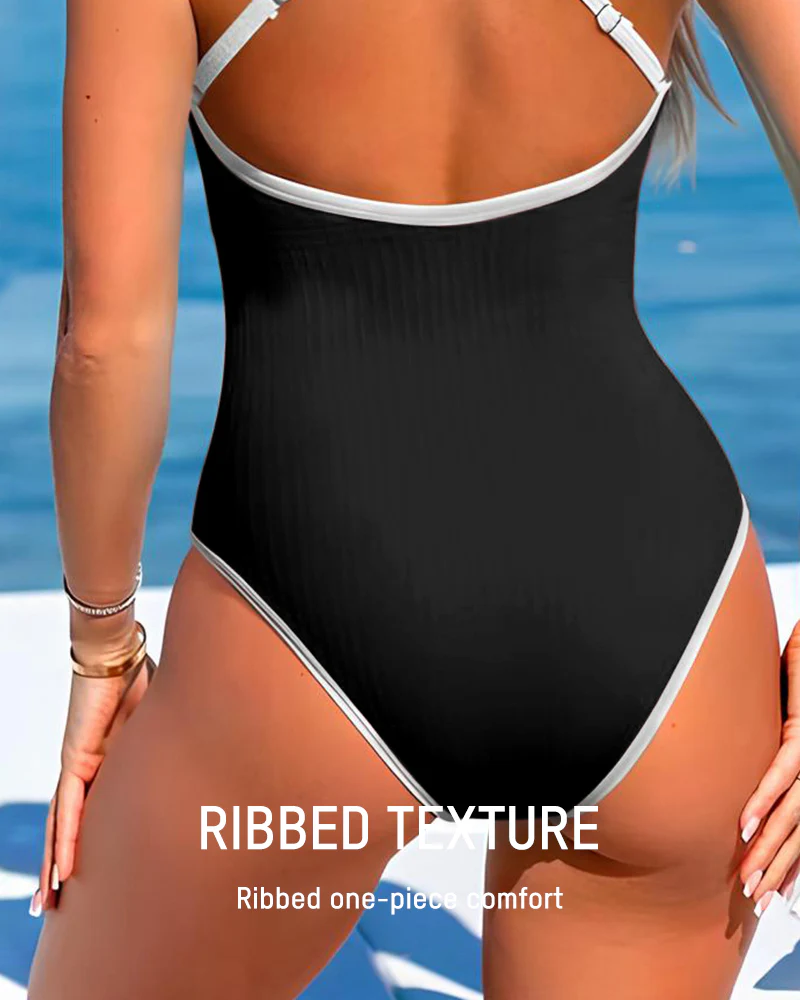 Deep V Ribbed Cross Back One-Piece Swimsuit - Image 7