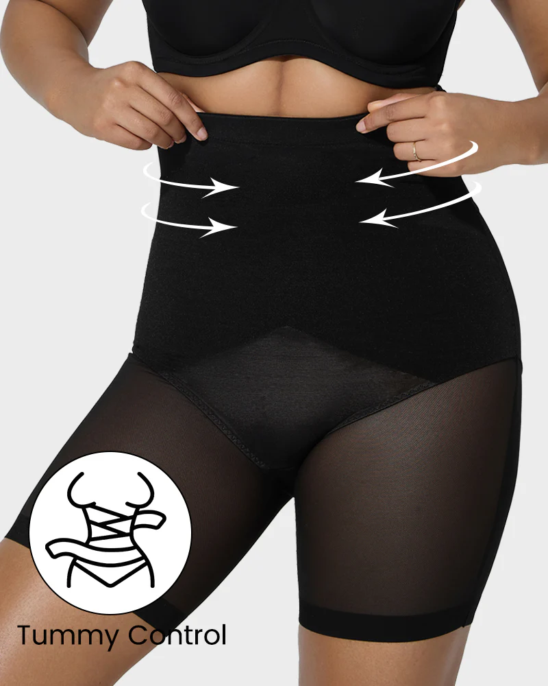 High Waist Criss-Cross Mesh Shaping Mid-Thigh Shorts - Image 5