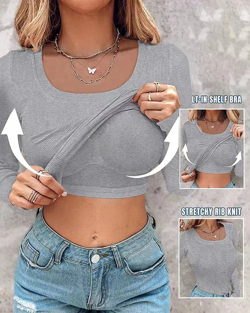 Long Sleeve Ribbed Fitted Top with Built-In Bra - Image 10