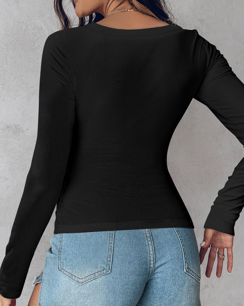 Long Sleeve Ribbed Fitted Top with Built-In Bra - Image 2