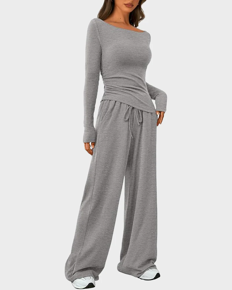 Long Sleeve Tee & Wide Leg Pants 2 Piece Lounge Set - Image 2