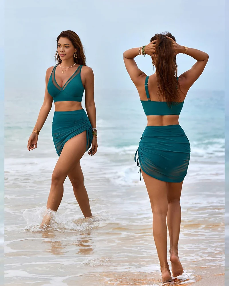 Mesh High Waisted Tummy Control Sarong Wraps Bikini Set - Image 4