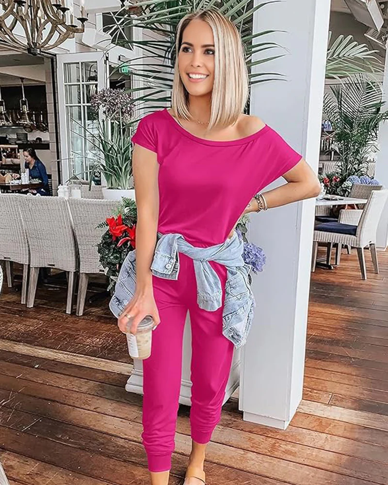 Off-Shoulder Short Sleeve Beam Foot Jumpsuit - Image 10