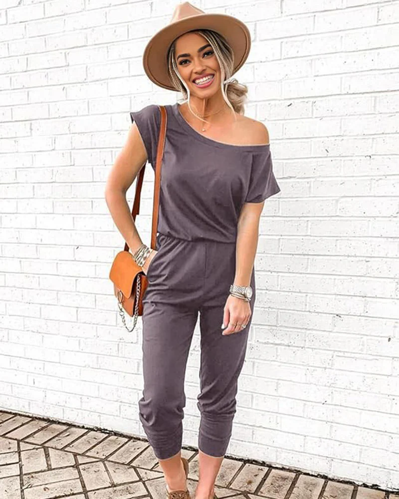Off-Shoulder Short Sleeve Beam Foot Jumpsuit - Image 11