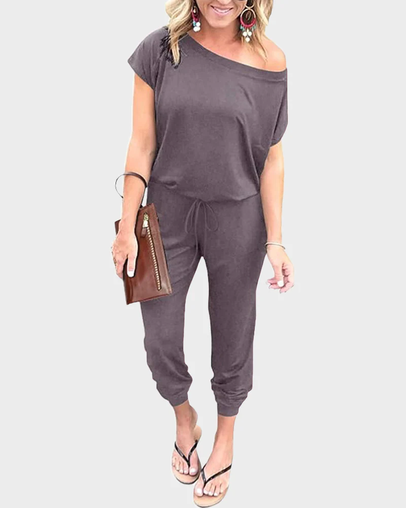 Off-Shoulder Short Sleeve Beam Foot Jumpsuit - Image 13