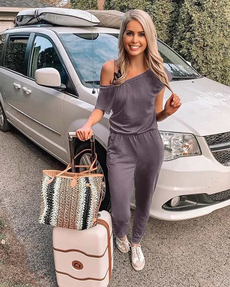Off-Shoulder Short Sleeve Beam Foot Jumpsuit - Image 14