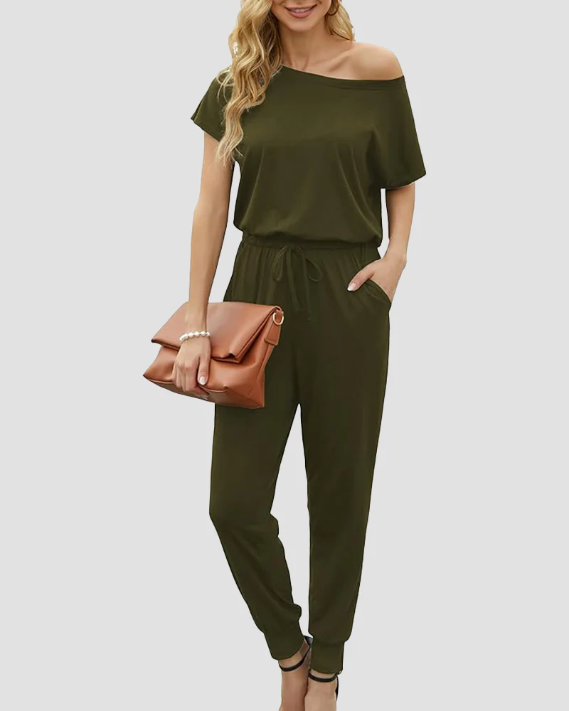 Off-Shoulder Short Sleeve Beam Foot Jumpsuit - Image 15