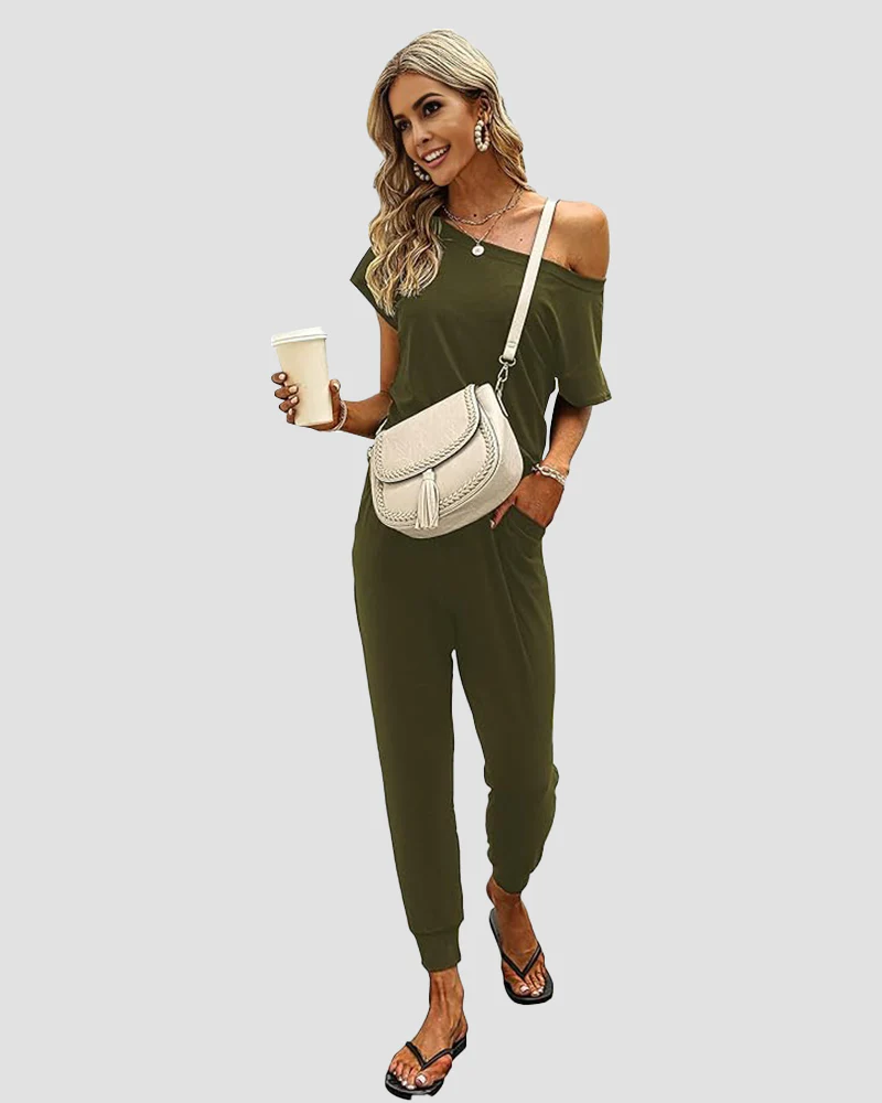 Off-Shoulder Short Sleeve Beam Foot Jumpsuit - Image 16