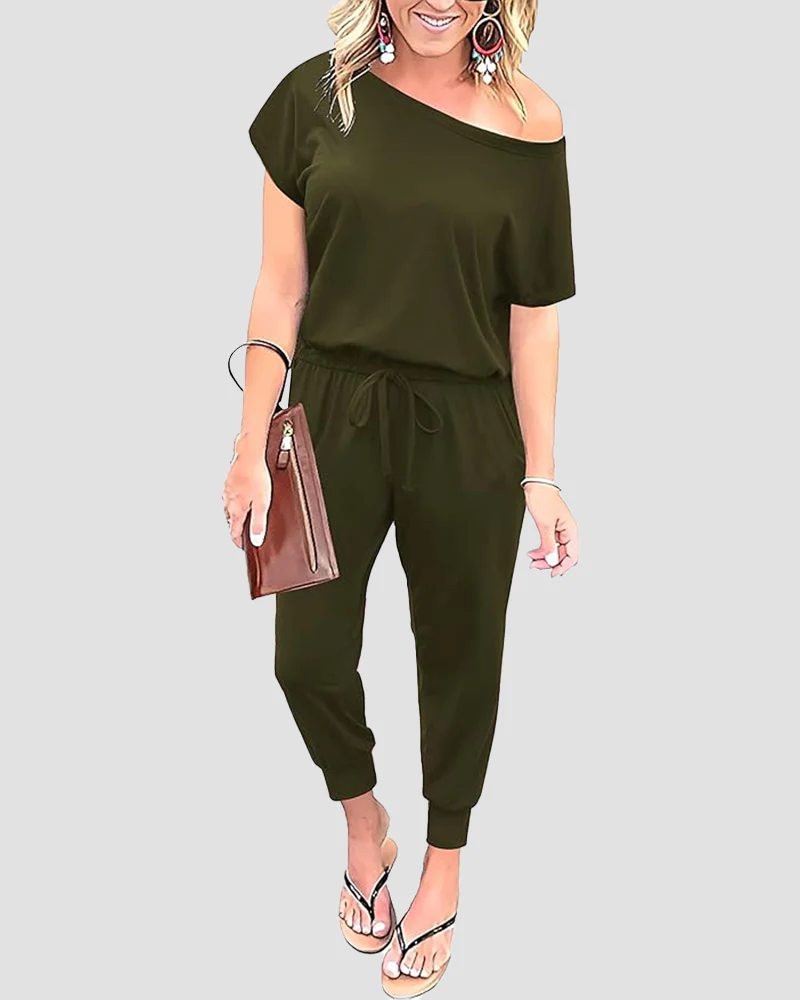 Off-Shoulder Short Sleeve Beam Foot Jumpsuit - Image 17