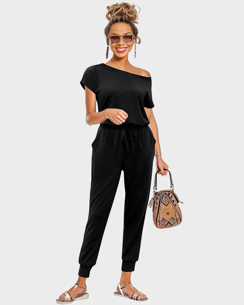 Off-Shoulder Short Sleeve Beam Foot Jumpsuit - Image 5