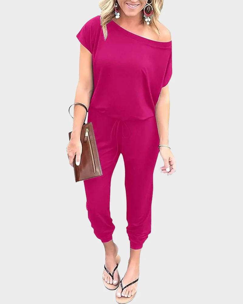 Off-Shoulder Short Sleeve Beam Foot Jumpsuit - Image 7
