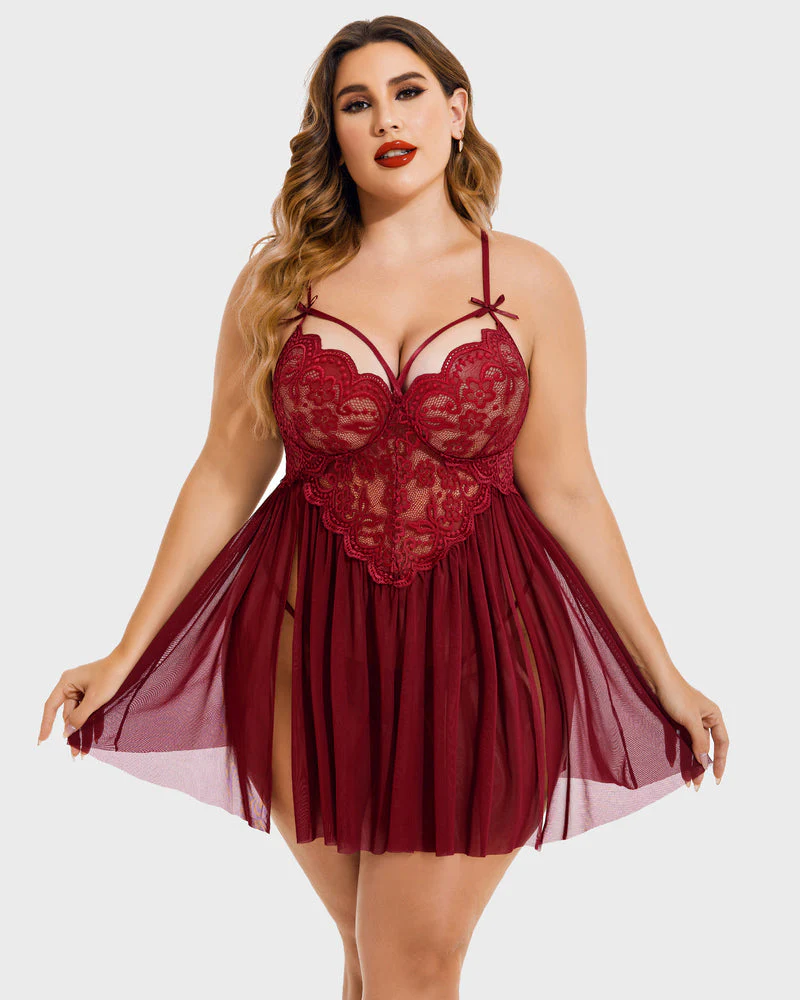 Plus Size V Neck Mesh Side Slit Babydolls - Image 3