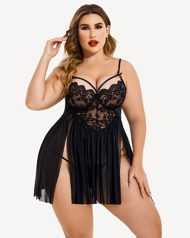 Plus Size V Neck Mesh Side Slit Babydolls - Image 9