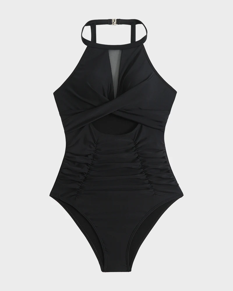 Round Neck Cut-Out Mesh Panel Ruched Swimsuit - Image 10