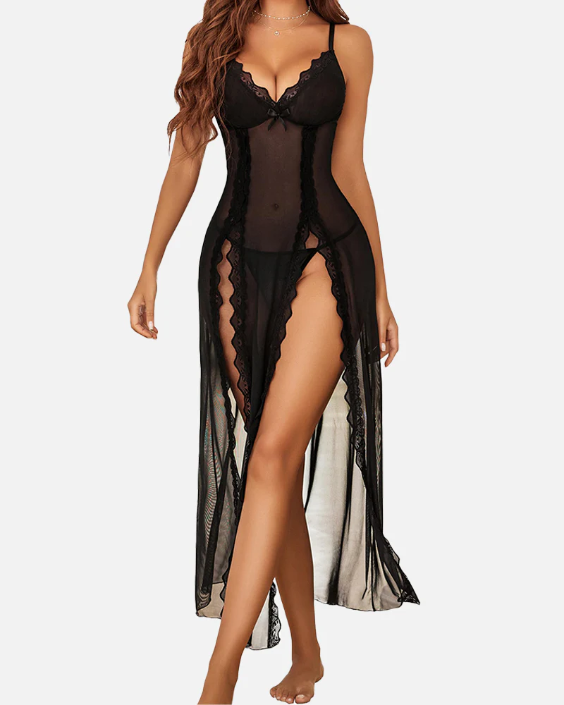 Sexy Mesh V Neck Side Split Nightdress - Image 13