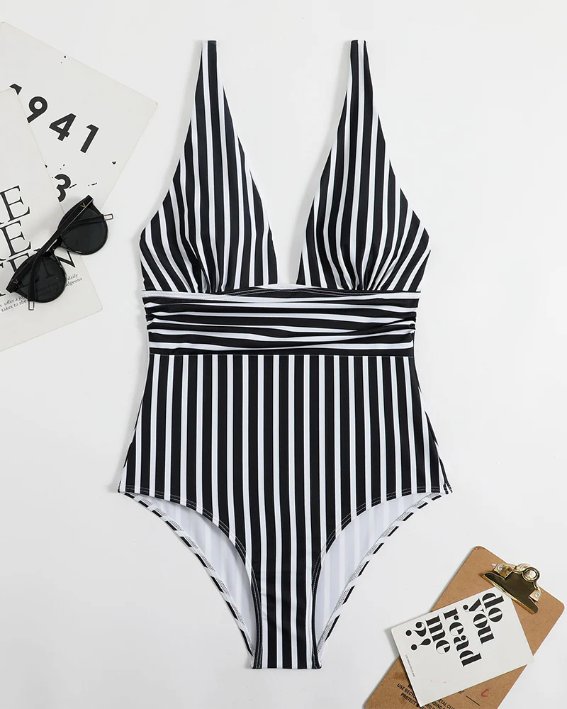 Striped Plunging Neck Swimsuit - Image 6
