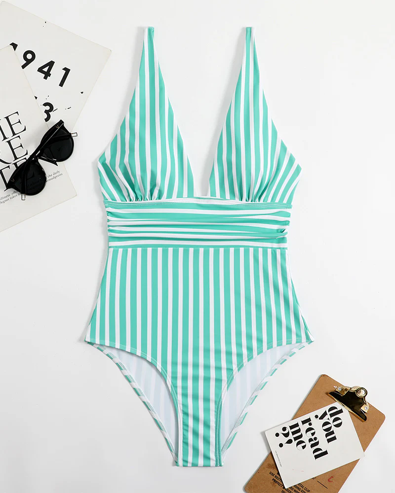 Striped Plunging Neck Swimsuit - Image 9