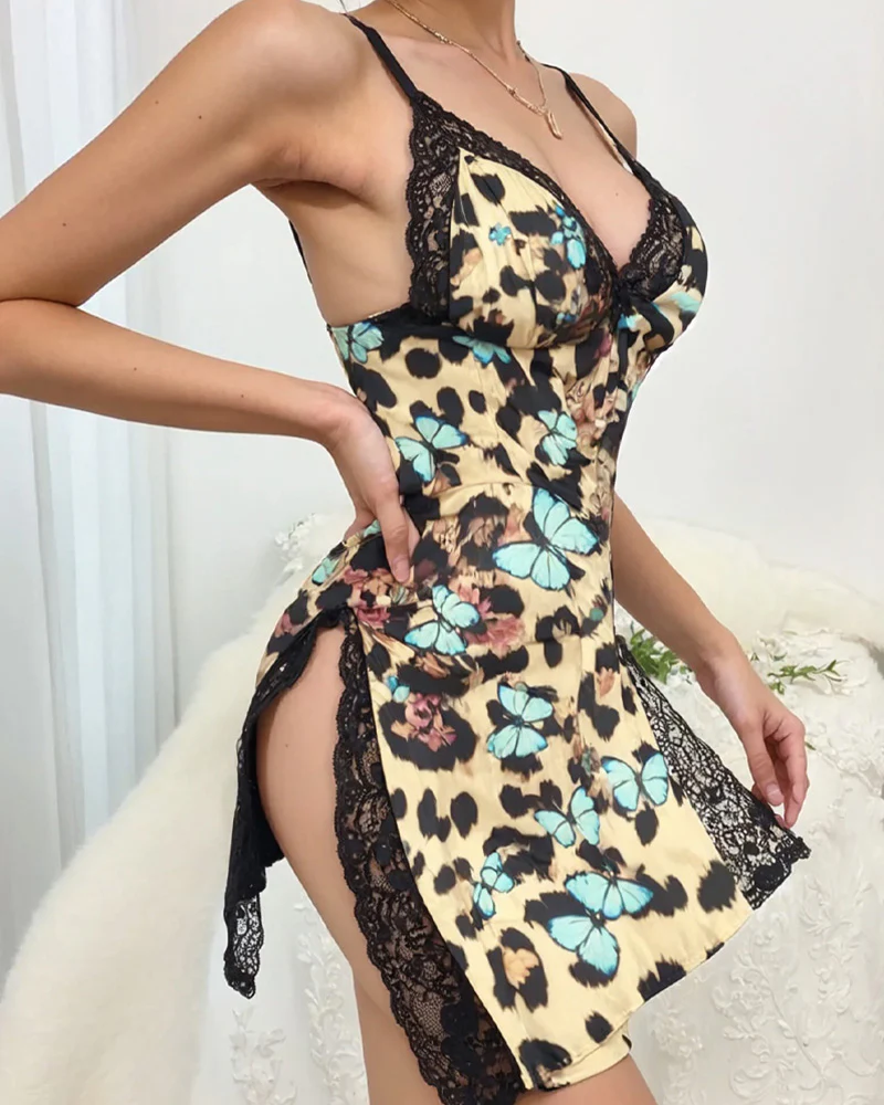 Lace Trim Slit Bowknot Decor Sleep Dress - Image 5