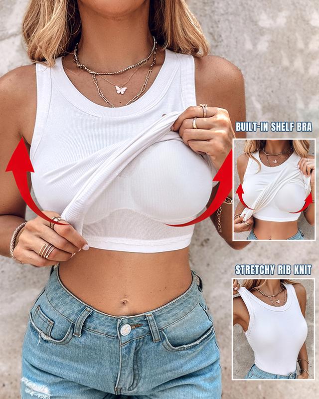 Tank Top with Built in Bra, Round Neck Ribbed Tank Top with Bra Pads - Image 5