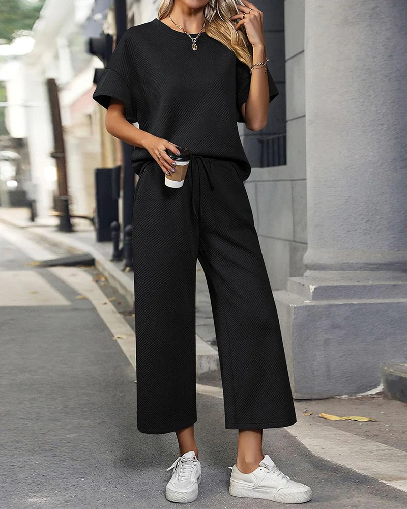 Textured Knit Two-Piece Lounge Set with Drawstring Waist - Image 6