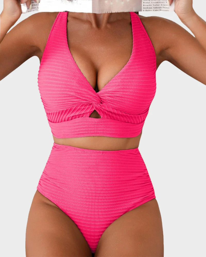 Textured Knot-Front High-Waisted Bikini Set - Image 12