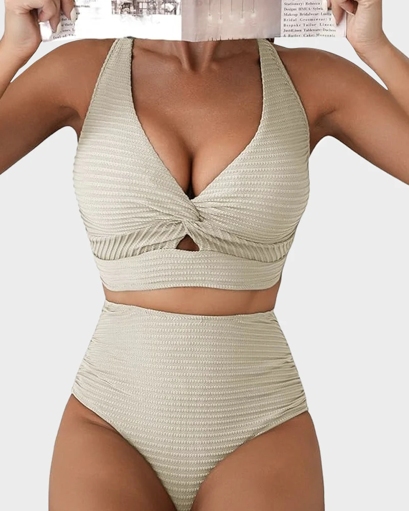 Textured Knot-Front High-Waisted Bikini Set - Image 17