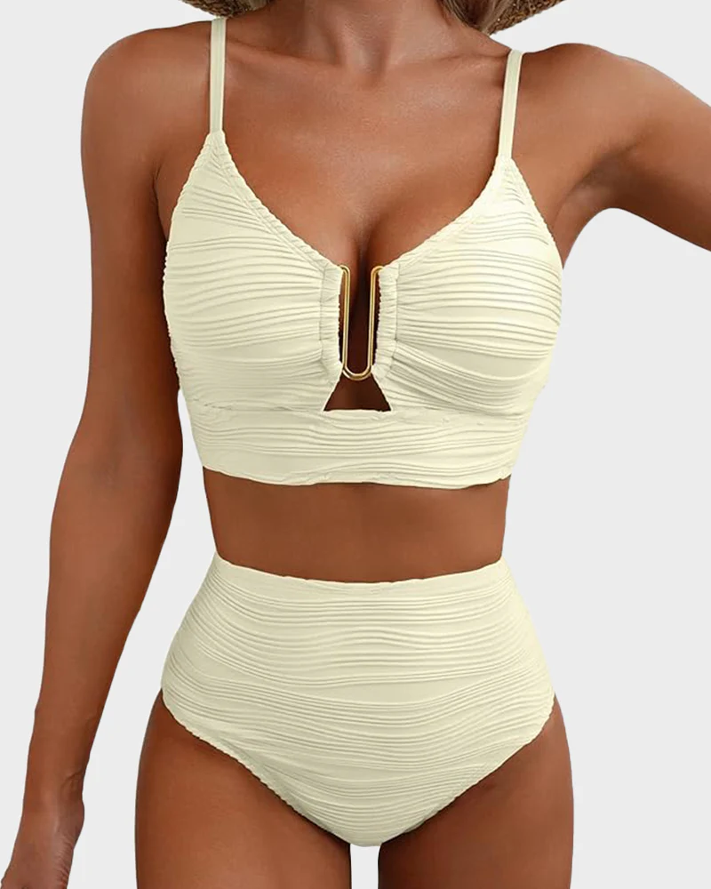 Textured U-Wire Cutout High Waisted Bikini Set - Image 5
