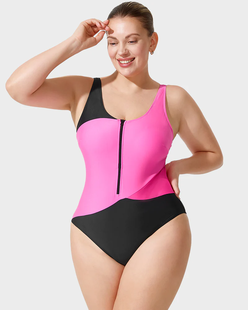 Trendy Color-Blocked Front Zip Tank Swimsuit - Image 3