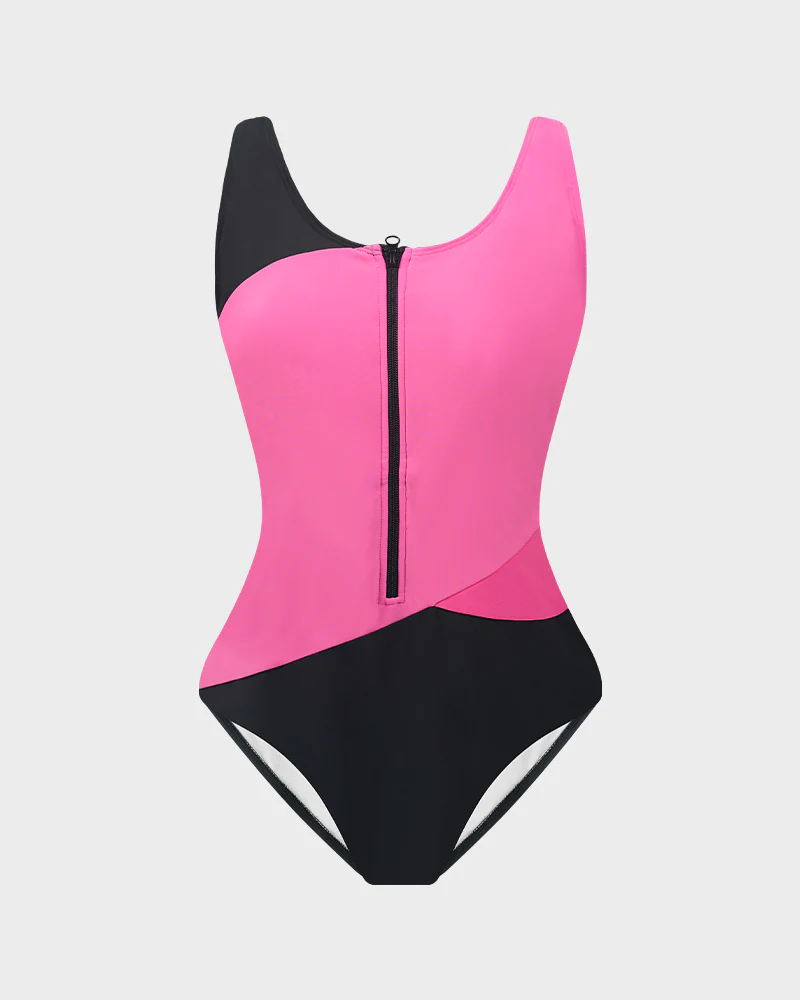 Trendy Color-Blocked Front Zip Tank Swimsuit - Image 5