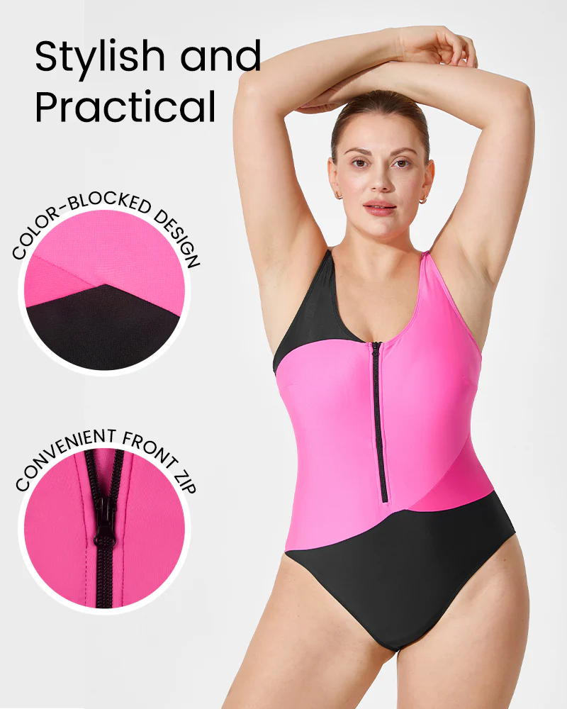 Trendy Color-Blocked Front Zip Tank Swimsuit - Image 8