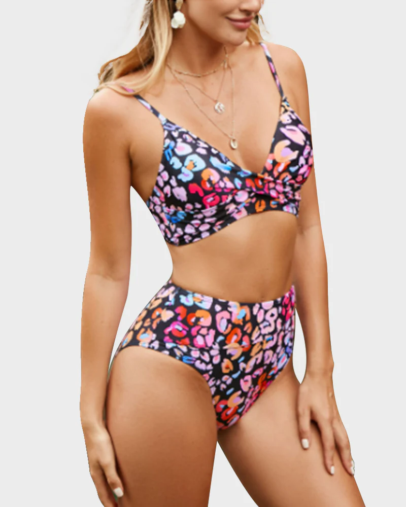 Twisted Front Color-Block High Waist Bikini Set - Image 14